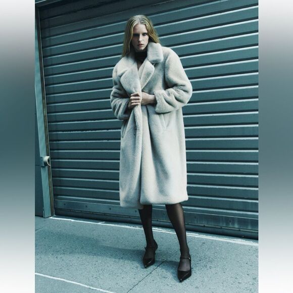 Zara Gray Faux Fur Coat with Black Buttons - Picture 1 of 16